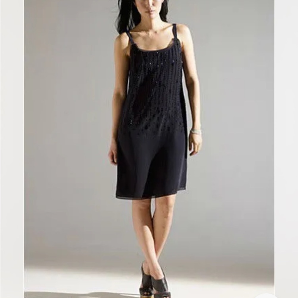 NWT Eileen Fisher Black Beaded Silk Evening Dress size 14 Sleeveless Chiffon DJ
